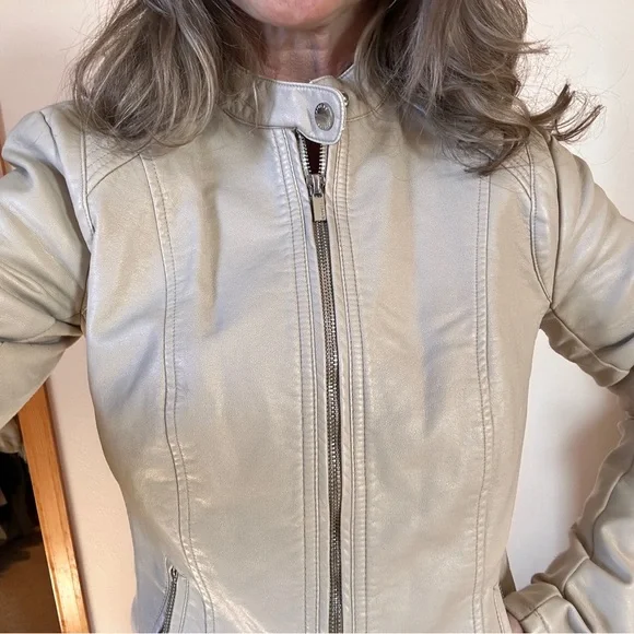 Express Slim Fit Cream Faux Leather Jacket with Snap Collar - Picture 1 of 8